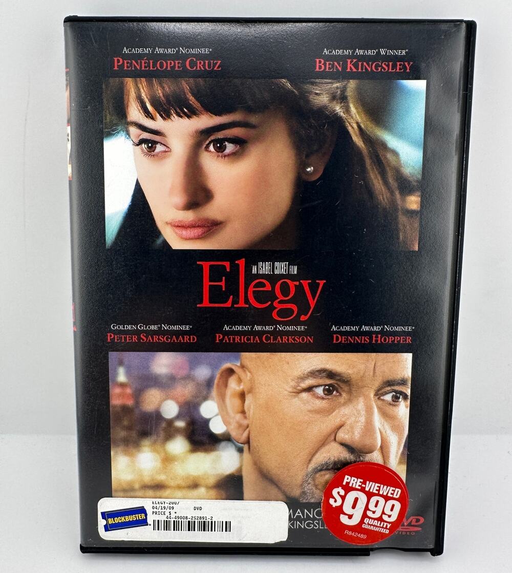 Elegy DVD 2008 Penelope Cruz Ben Kingsley Blockbuster Pre-Viewed Rental